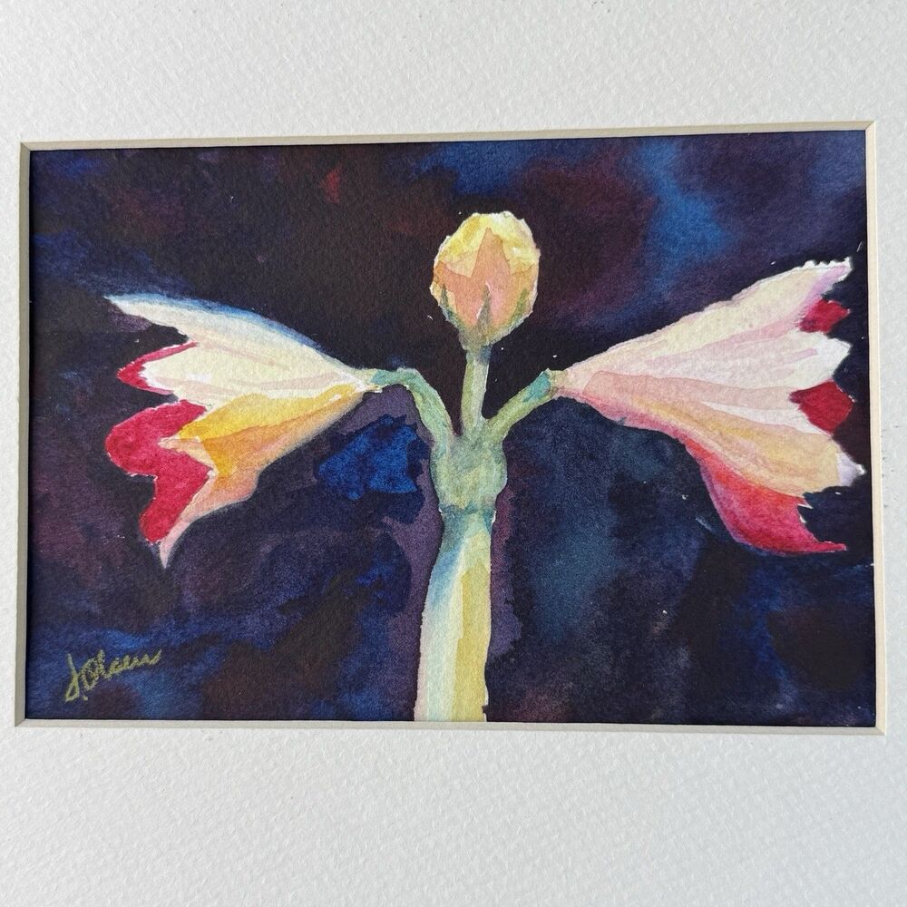Watercolor Painting Original Signed 7.5x5.5 On 8x10 Mat Amaryllis Flowers Bloom